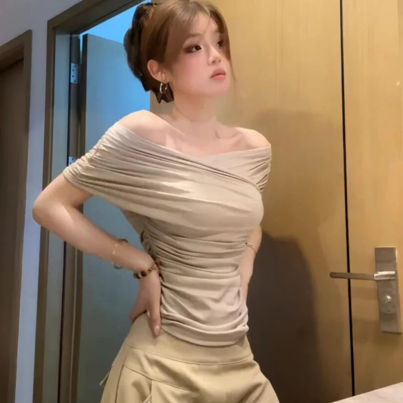 Women Hot Girl Irregular Ruched Off Shoulder T-Shirt Waist Cinched Figure Flattering Sexy Cutout Shoulder Ins Trendy Top