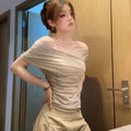 Women Hot Girl Irregular Ruched Off Shoulder T-Shirt Waist Cinched Figure Flattering Sexy Cutout Shoulder Ins Trendy Top