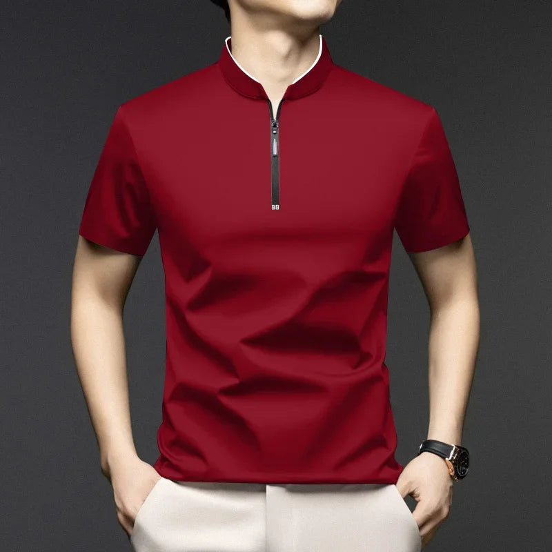 Mens Zipper Polo Shirt Stand Up Collar Solid Color Casual Top For Modern Men Versatile Comfort