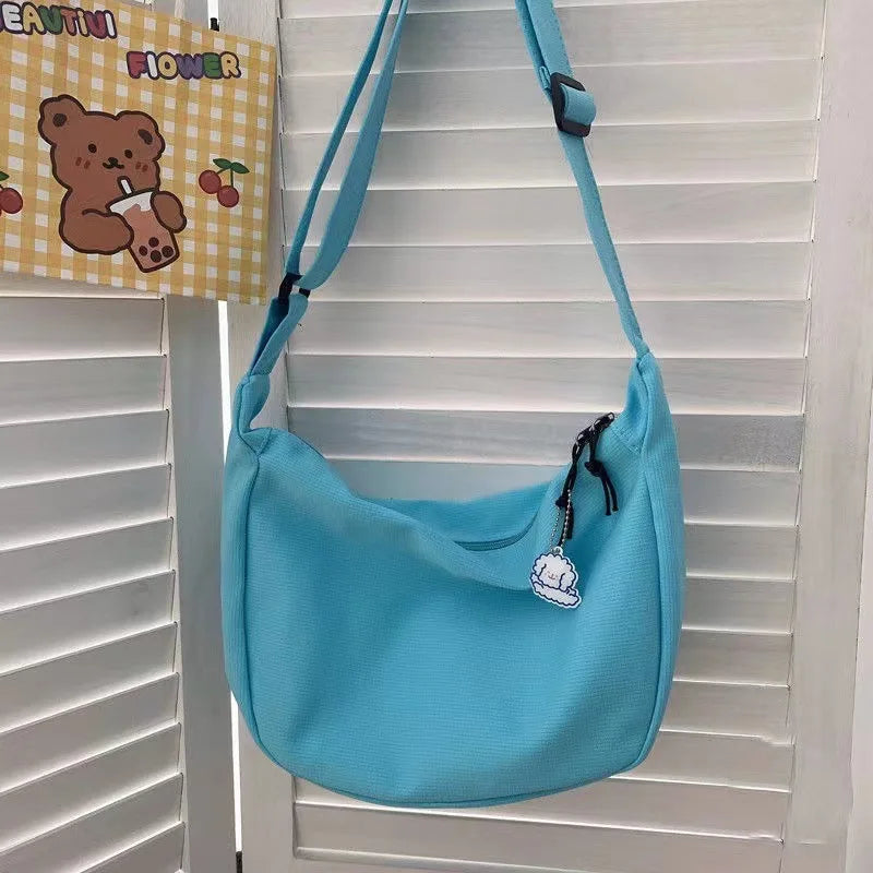 Canvas Crossbody Bag, Large Capacity Casual Shoulder Purse with Cute Bag Charm, Adjustable Strap for Teen School Sling Bag