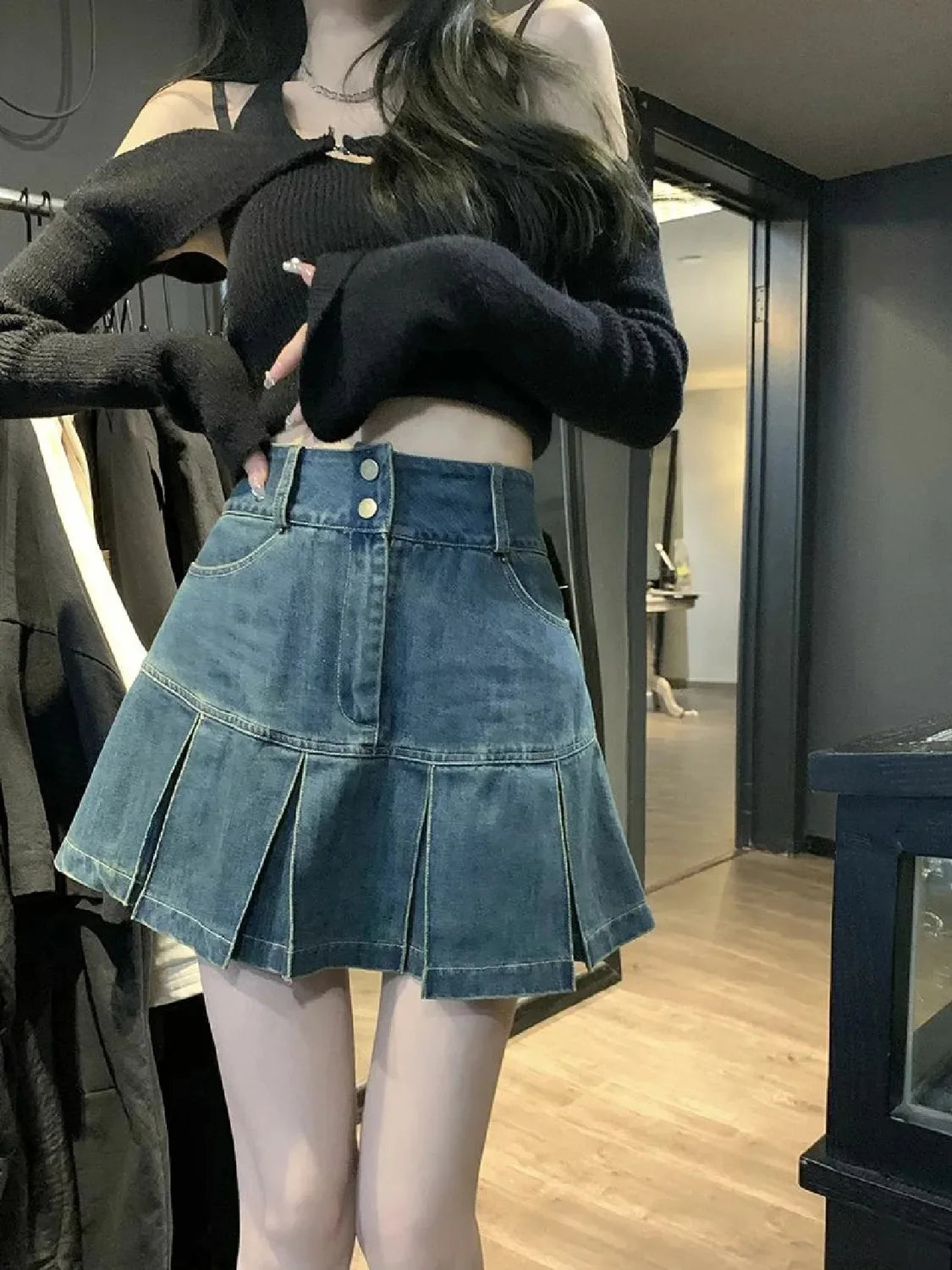 High-Waisted Denim Skirt Women's New Pleated Retro Blue Skinny A-line Flanged Wrap Hip Skirt