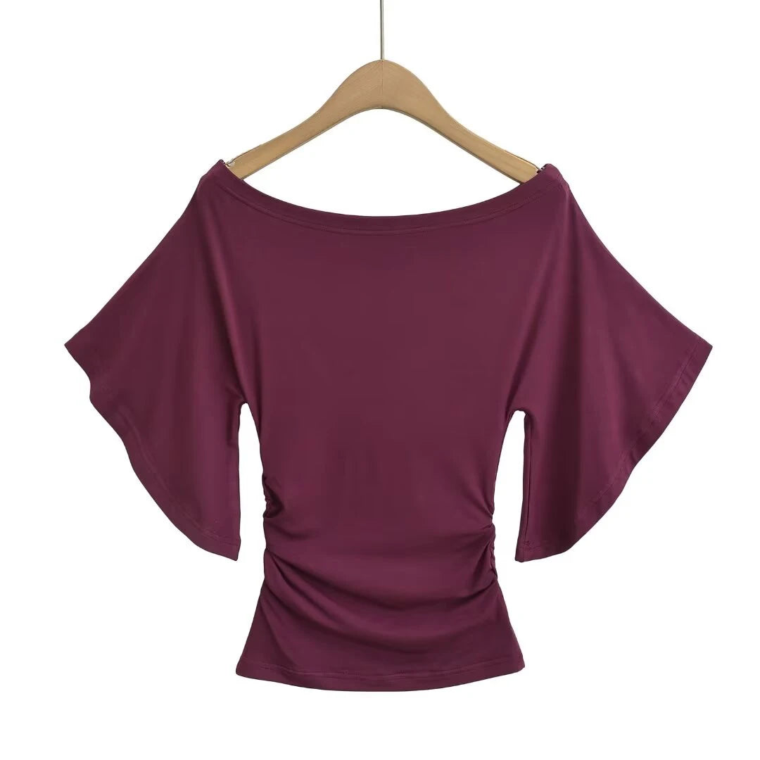 Korean style Women Summer Sexy Bat Sleeve Slash Neck Off Shoulder T-shirt Cinching Waist Solid Slim Top