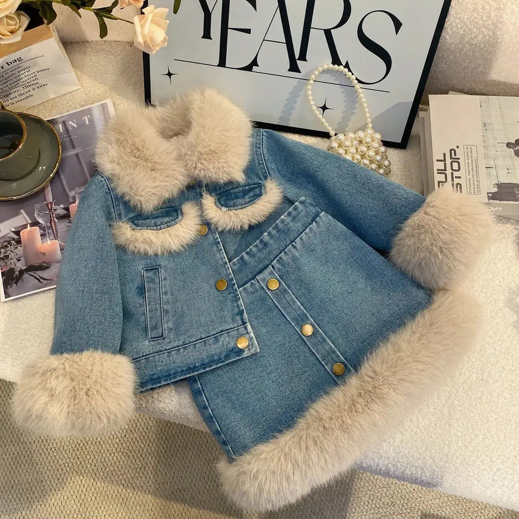 Girls Fleece-Lined Winter 2-Piece Set – Korean Style Denim Jacket & Skirt Outfit for Toddlers 2-6 Years baby girl outfit set