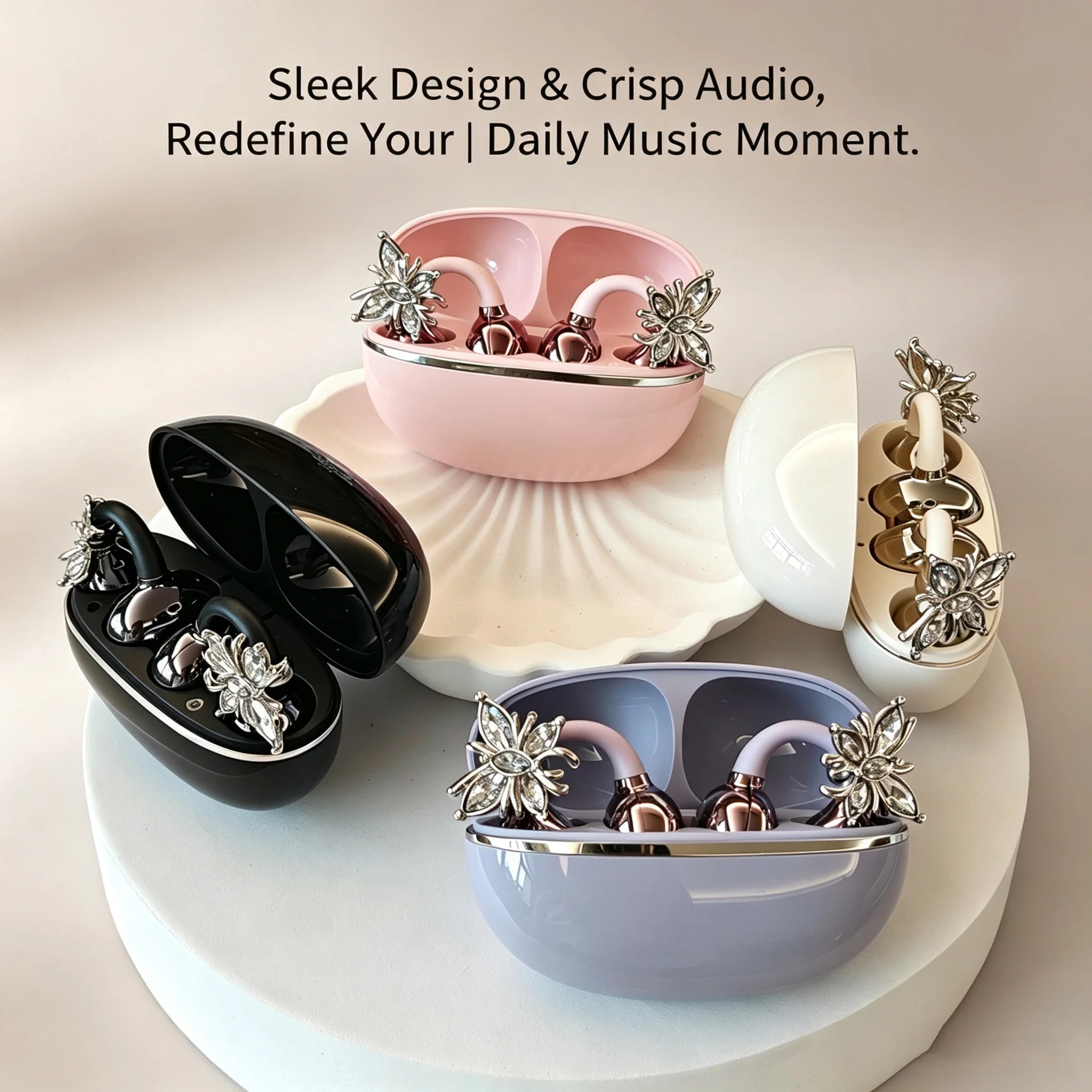 Universal Open Hook Bluetooth Headphones HD Noise Reduction Call Wireless Earphones , Come with Extra Crystal Diamond Butterfly