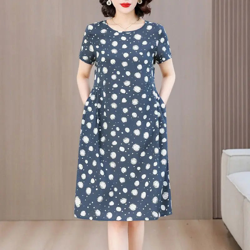 Women Summer Cotton Midi Dress Polka Dot Print Round Neck Short Sleeve Loose Casual Home Outdoor Dress S 4XL