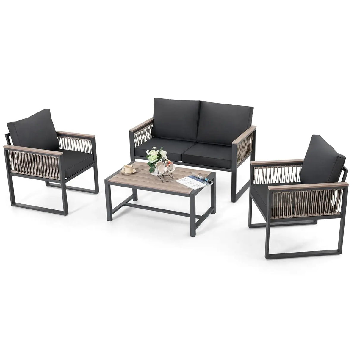 4 Pieces Outdoor Patio Furniture Set, 4 Seats Sectional with Coffee Table, All Weather Wicker Patio Conversation Sets, Custom