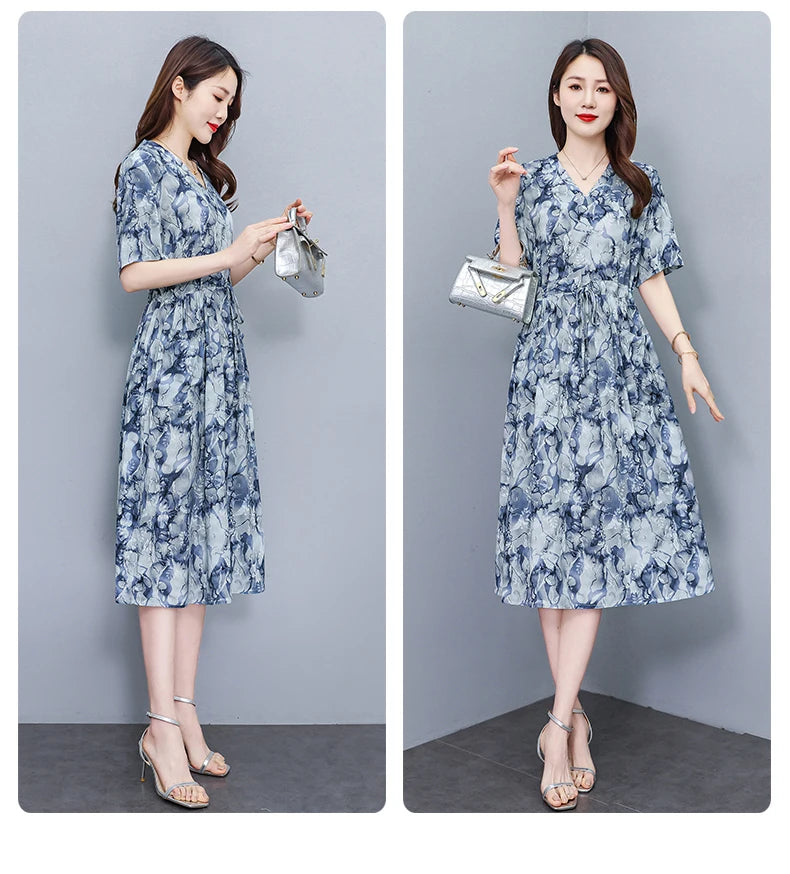 New Fashion 2025 Summer dresses For Women V-Neck Plus Size Woman Cothing Loose Short Sleeve Women Print Dresses