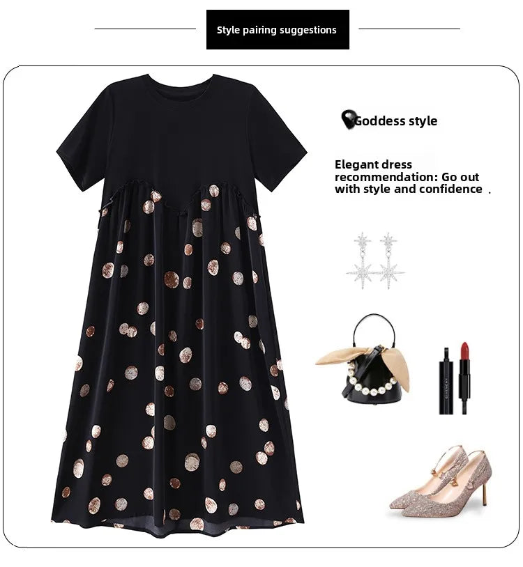 Summer New plus Size Polka Dot Dress Color Block Loose Fitting Slimming Effect Casual Commute Style Women's Dress
