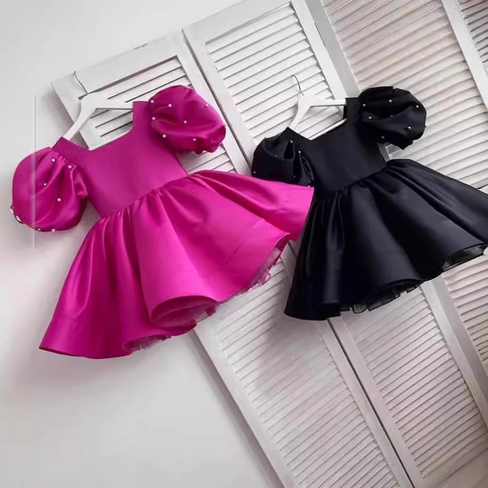 HETISO Fashion Baby Girl Dress Beading Puff Sleeve Children Satin Princess Dress For Vestido Pageant Kids Party Birthday Gown