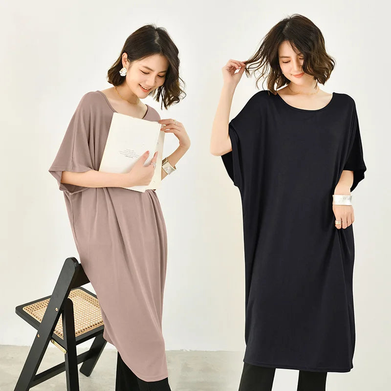 Modal plus Size Loose Short Sleeve Dress Women Summer Thin Casual Home Dress Sleep Dress round Neck A-Line Skirt H-Shape