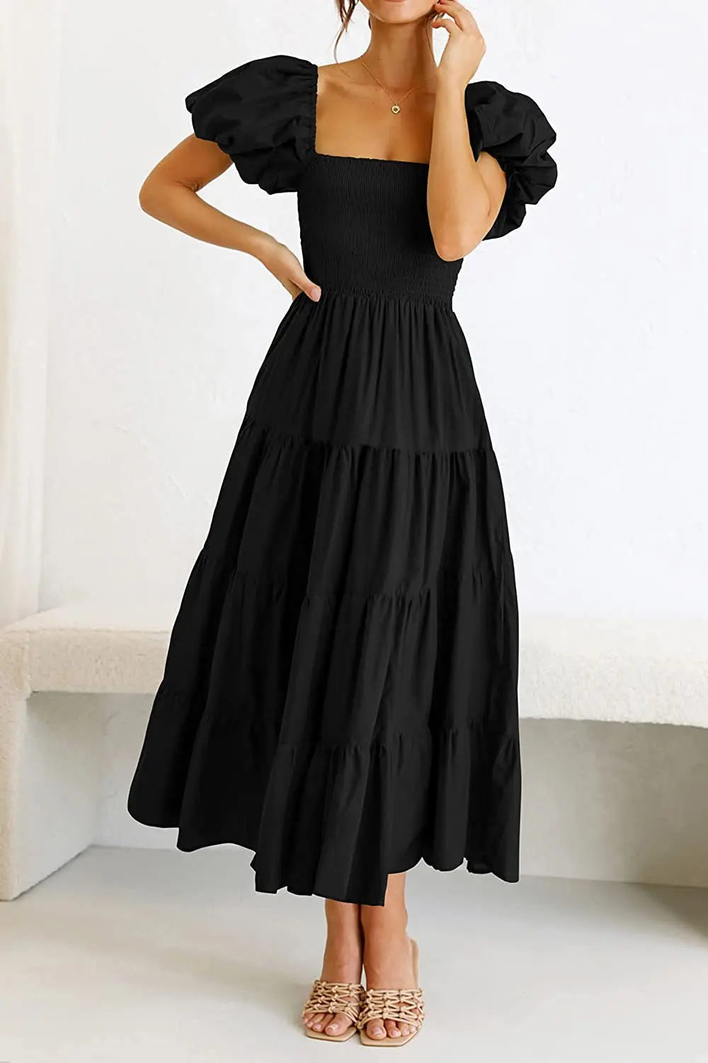 2026 Spring Summer Elegant Women's Long Dress Fashionable Solid Color Square Neck Puff Sleeve Pleated Slim Fit Loose Hem Dress