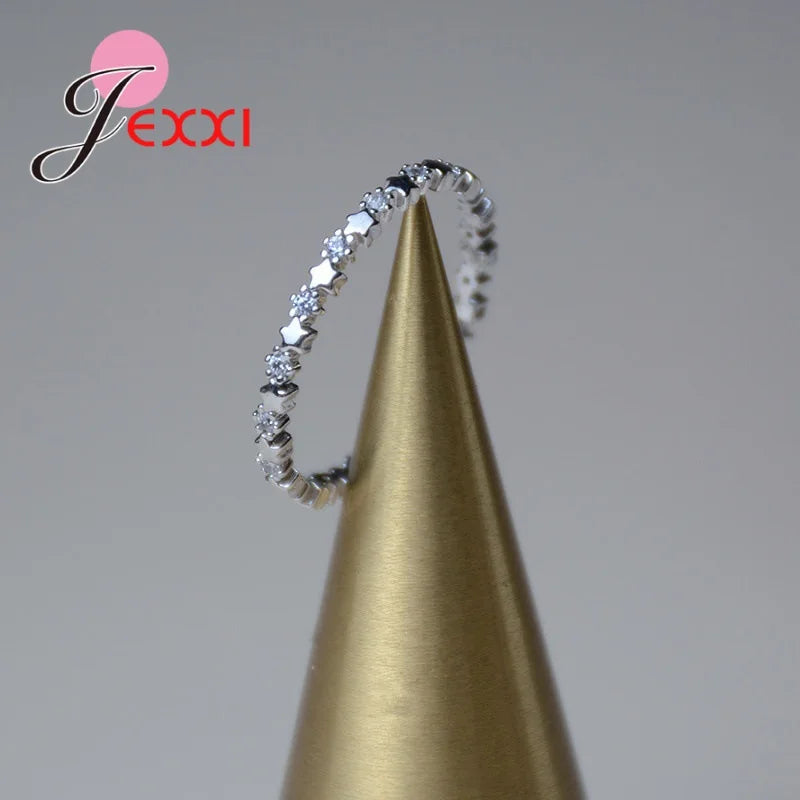 Luxury Original Delicate Solid 925 Silver Needle Stars Finger Ring Authentic Real Clear Cz Jewelry For Women'S Wedding