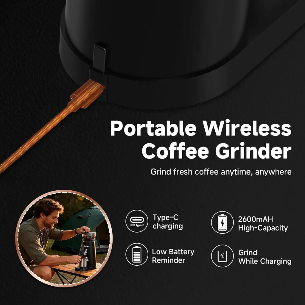 Cordless Burr Coffee Grinder, Rechargeable with 60 Grind Settings & Anti-Static, Digital Timer Touchscreen, Portable Electric