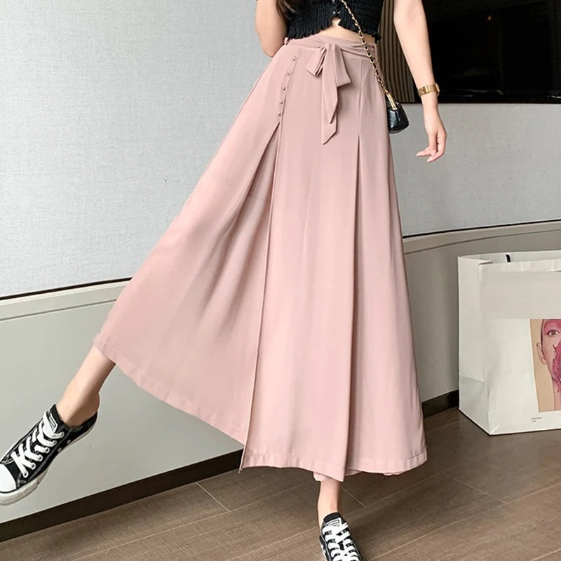 Summer Elastic Pleated Skirt Women Chiffon Trouser Skirt High Waist Casual Wide Leg Pants Fashion Streetwear Pants Pantalones