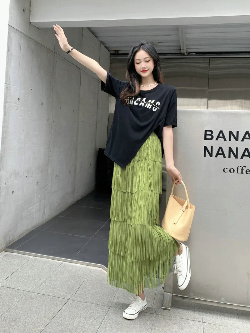 Luxury Multi Solid Colors Pleated Skirt for Women's Large Hem Folds A-line Skirts Female 2025 Loose Fashion Skirts Casual 0666