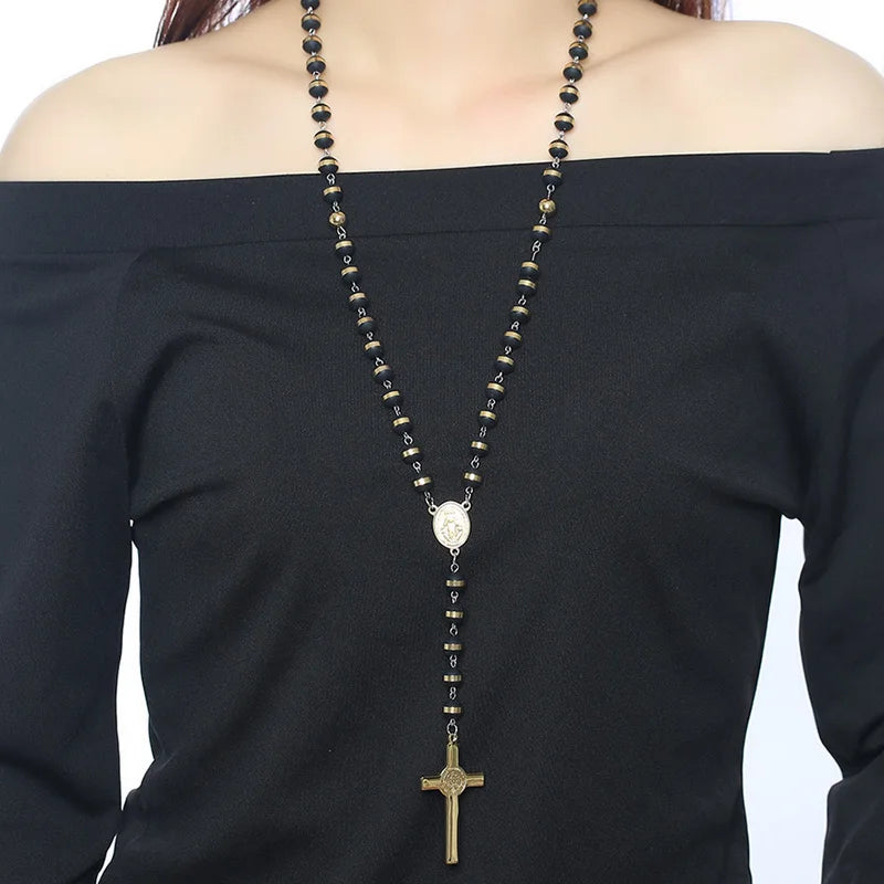 Long Chain Rosary Necklace For Men Women'S,Stainless Steel Bead Chain Cross Pendant Jewelry