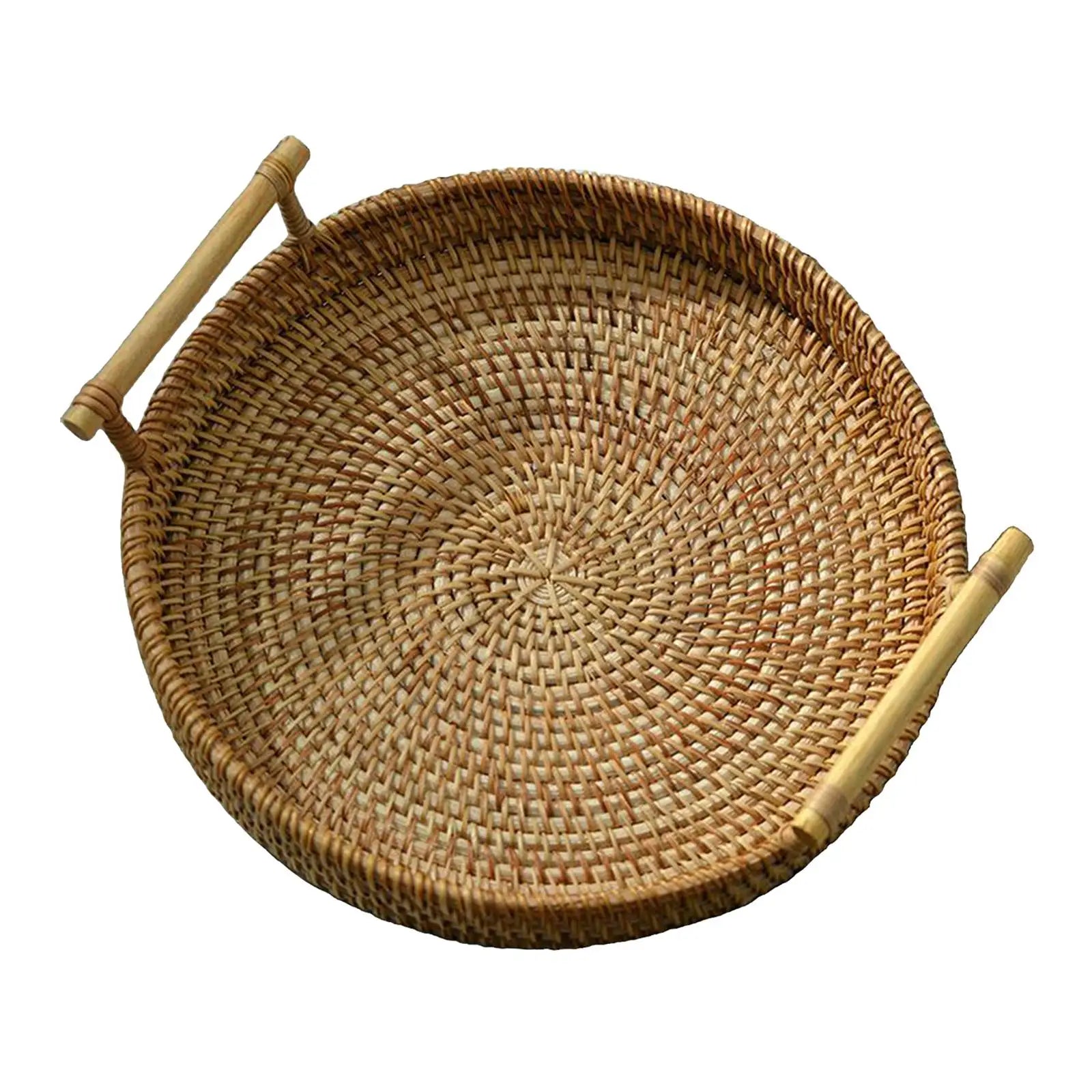 Hand-Woven Basket Storage Tray with Handles Food Tea Decorative