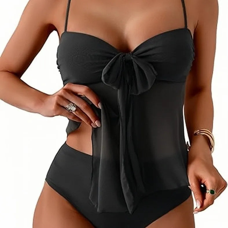 Women Solid Front Bow Chiffon Bikinis Set 2 Piece Tankini Swimsuit Strapless Bandeau Spaghetti Strap High Cut Beach Swimwear