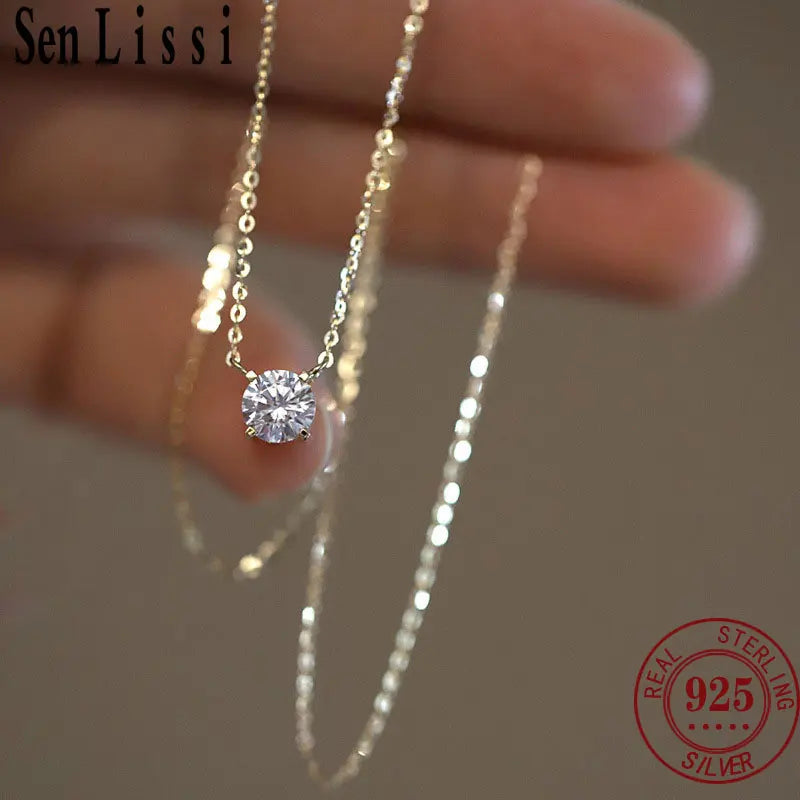 SENLISSI 925 Sterling Silver Sparkling Clavicle Chain Choker Necklace Simple Green Zircon Gypsophila Pendant Necklace For Women