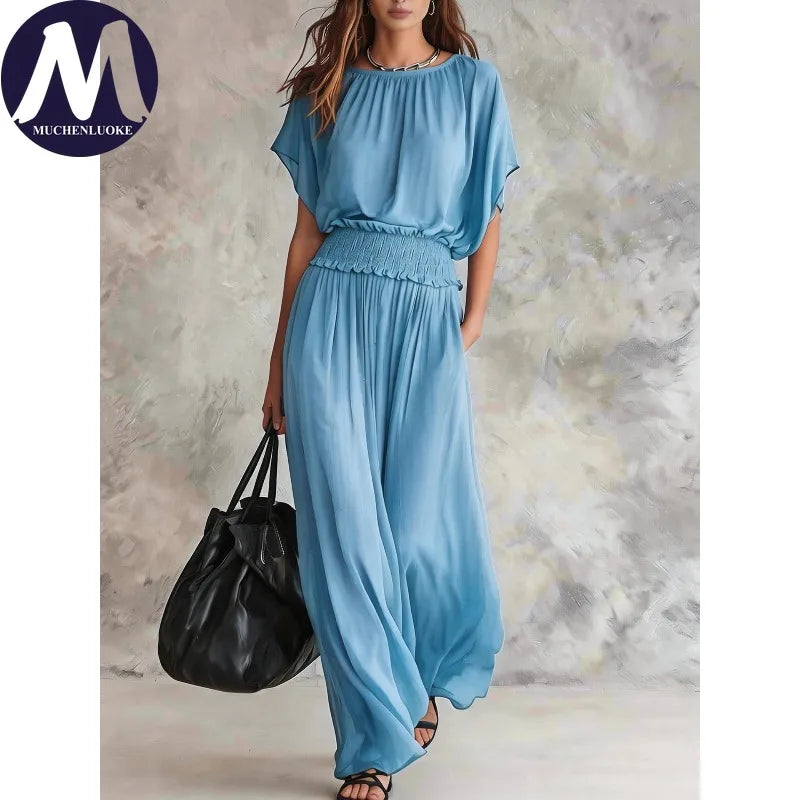 Elegant High-Waisted Loose Dress for Women Summer Fashionable Casual O-Neck Batwing Short Sleeve Waist-Cinching Elegant Women's