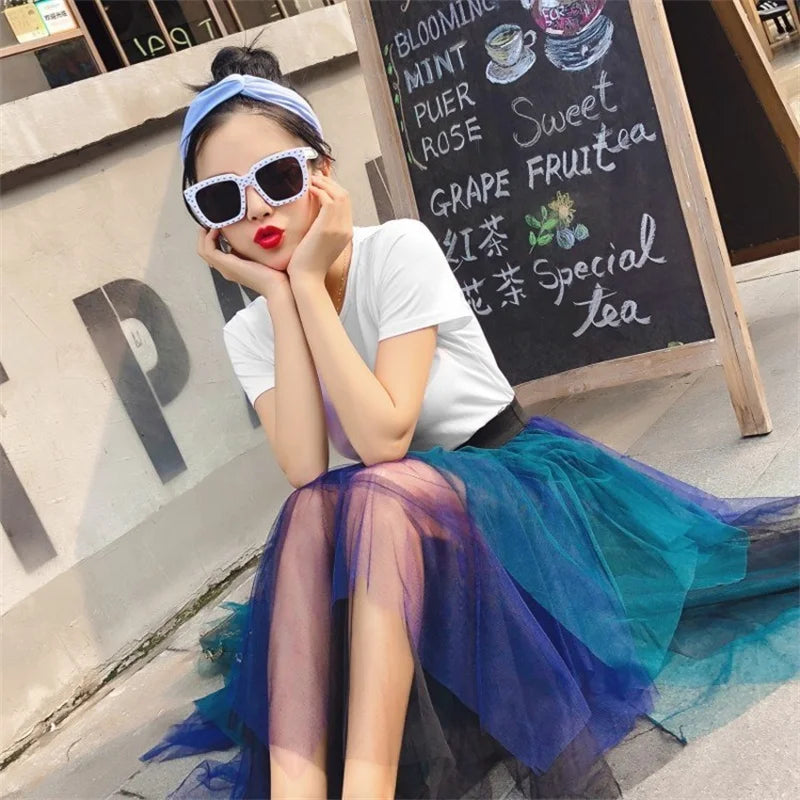Summer Tutu Women Skirt Harajuku Casual Tulle Bottom Jupe Femme Faldas Fashion High Waist Midi Mesh Skirts Woman Clothing Saia