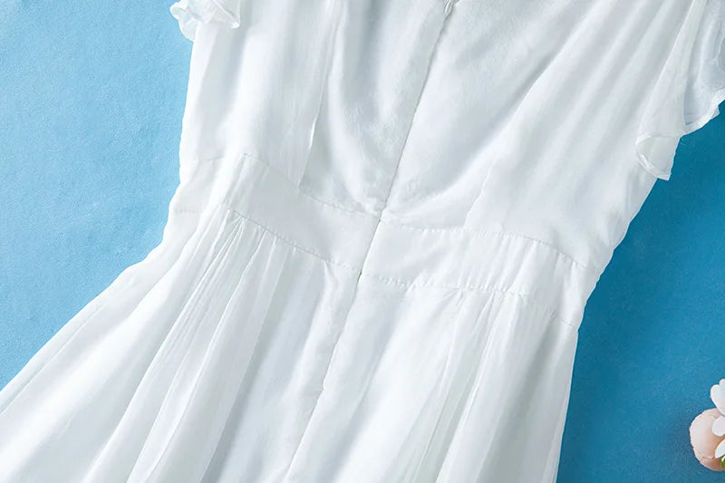 Winsleter-Women 100%Real Silk Elegant Dress, V Neck Flying Sleeve Ruffles, Beach Vacation Bohemia Dresses, 2025 Summer D55404CC