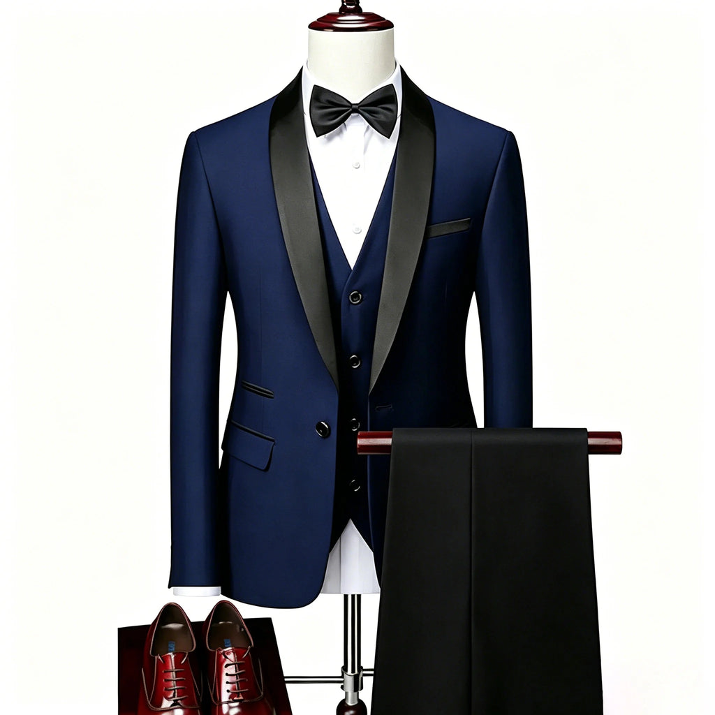 US Size XXS-3XL Men's 3 Piece Tuxedo Suit Set, Black Satin Shawl Lapel Slim Fit Blazer Vest Pants for Wedding Groom Party Prom