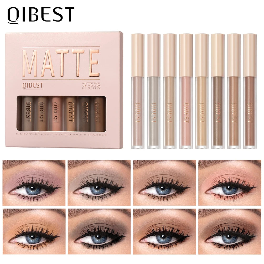 QIBEST 8 Colors Matte Liquid Eyeshadow Set Waterproof Long Lasting Eye Shadow Nude Brown Eye Pigment Makeup For Women Contouring