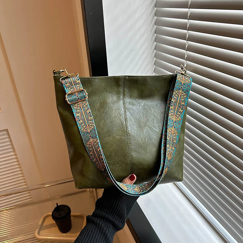 Wide Geometric Strap Shoulder Bag Large Capacity Crossbody Bags For Women,Retro Pu Leather Women's Bag For Shopping Travel