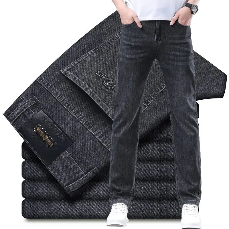 New Men Spring Summer Business Stretch Jeans Male Fashion High Waist Straight Leg Loose Casual Denim Pants Smoke Gray Trousers