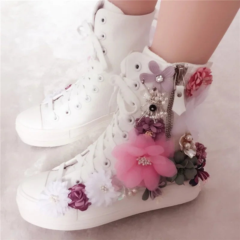 Sweet Flowers Women Canvas Shoes Flat Shoes High Top Manual 2026 New Side Zipper Rhinestone Flowers Ladies Canvas Shoes Pearl