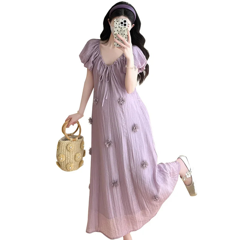 2026 Spring Maternity Floral Clothes Summer Loose Fit Pregnant Woman Chiffon Dress Shoulderless Beach Holiday Dresses