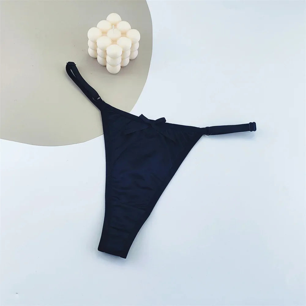 3PCS Adjustable Satin Thong Women Sexy G-string Underwear Low Waist T Back Peach Buttocks Tempting Sexy Bow Lingerie