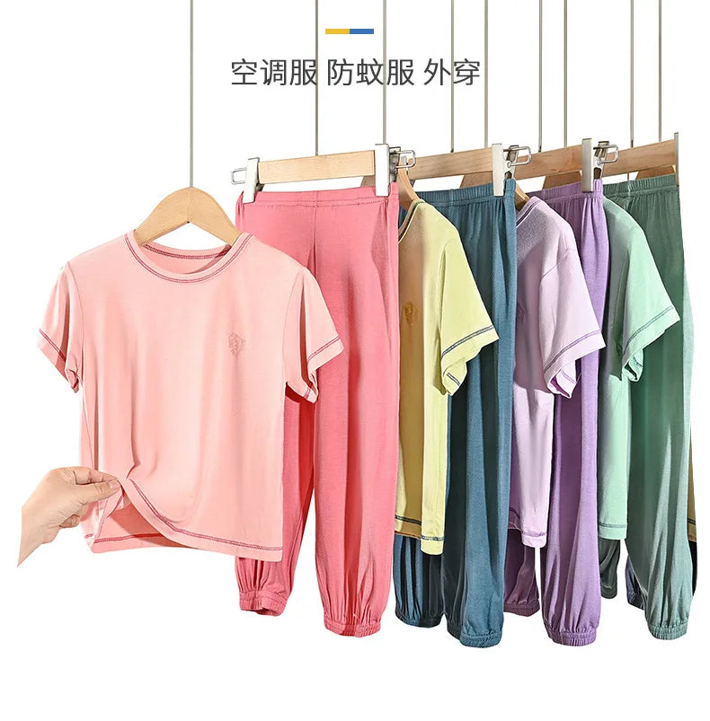 Teenage Boy Pajamas Summer Girl Short Sleeve Children's Clothing Sleepwear Silk Cotton Pyjamas Sets For Kids 4 8 9 12 13 14Years