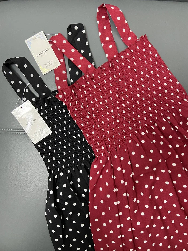 Women's Polka Dot Chiffon Maxi Dress – Elegant Square Neck Sleeveless Summer Dress
