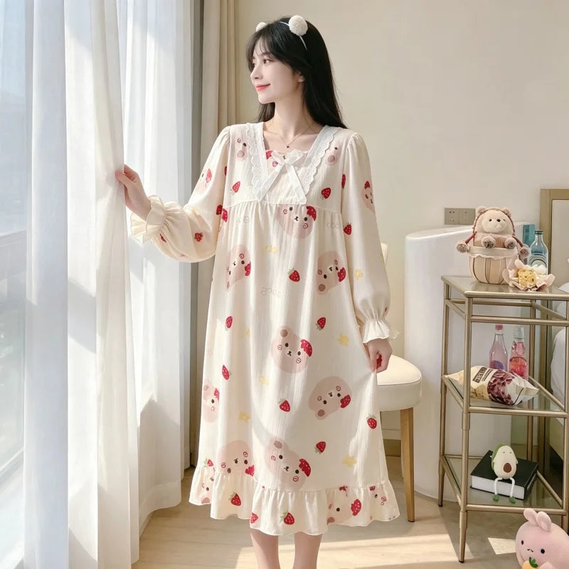 Kawaii Bear Strawberry Print Women Pajamas, Long Sleeve Lace Neck Loose Sleep Set, Casual Daily Home Loungewea