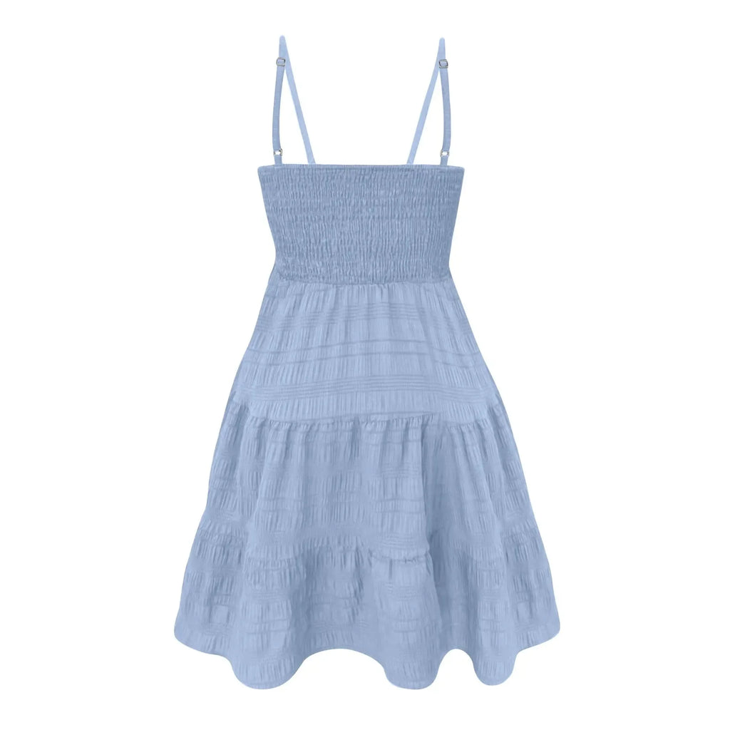 Bohemian Beach Sundress Women Sexy Sleeveless Backless Big Swing Mini Dress Solid Spaghetti Strap Ruffles Dress Summer Vestidos