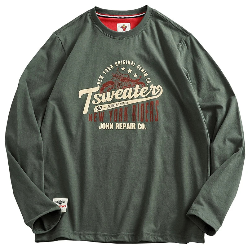 Autumn New American Retro Long Sleeve O-Neck Letter Motorcycle Print T-Shirt Men'S Fashion 100% Cotton Washed Casual Sport Tops