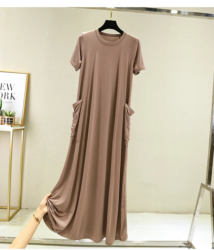 Casual Modal Sleep Dress Women Summer Large Size round Neck over Knee Long Dress Loose Slimming Short Sleeve Dress