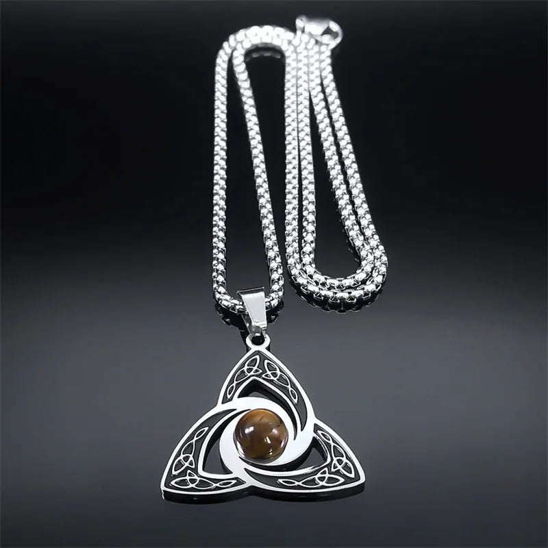Viking Trinity Knot Necklace For Women'S Men Stainless Steel Tiger Eye Stone Irish Celtic Lucky Amulet Necklaces Jewelry N3806S02