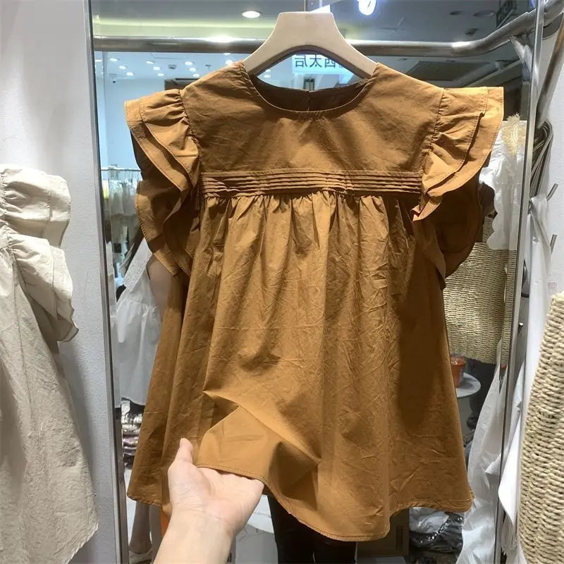 Women's Korean Style Ruffle Blouse – Loose O-Neck Flying Sleeve Vintage Top