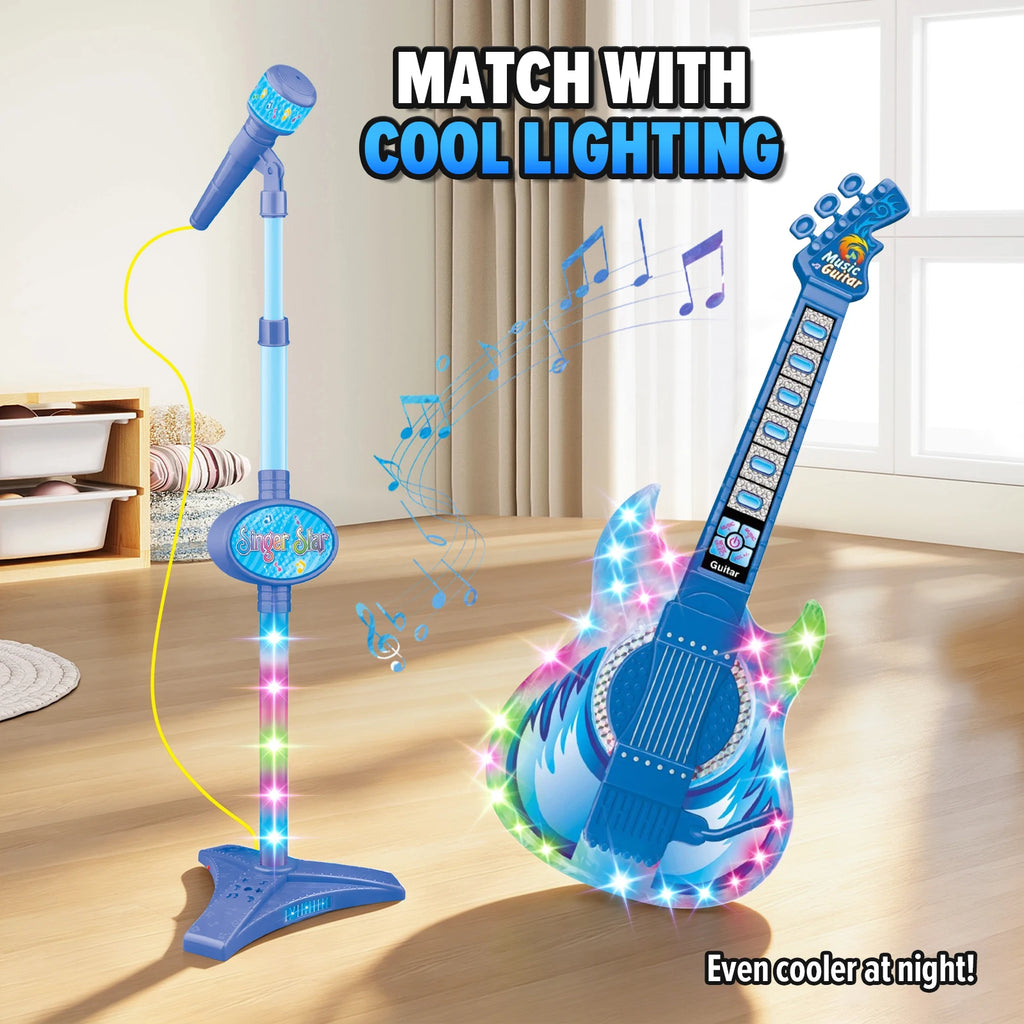 Karaoke Electronic Machine Children's Electric Light Multi-functional Guitar Instrument Set with Microphone Toys for Boys Girls