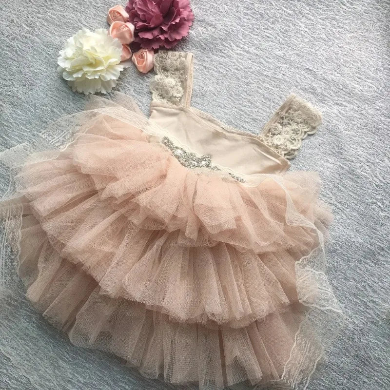 Flower Girl Lace Tulle Dress Elegant Princess Weddings Birthday Party Costumes for 3m To 7y Girls Baptism Festival Ball Gown