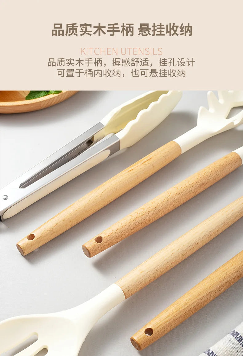 2/12Pcs White Silicone Kitchen Utensils Set with Wooden Handle,Cookware Spatula, Heat Resistant Non-stick Kitchen Cooking Tools