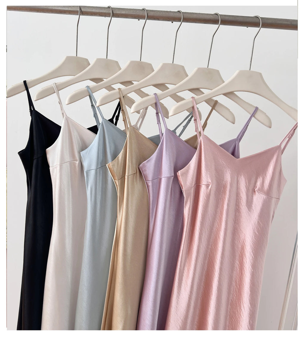 Elegant Chinese Style Satin V-Neck Sleeveless Women's Dress Slimming Waist Design Summer City Walk Long Skirt Inner Wear