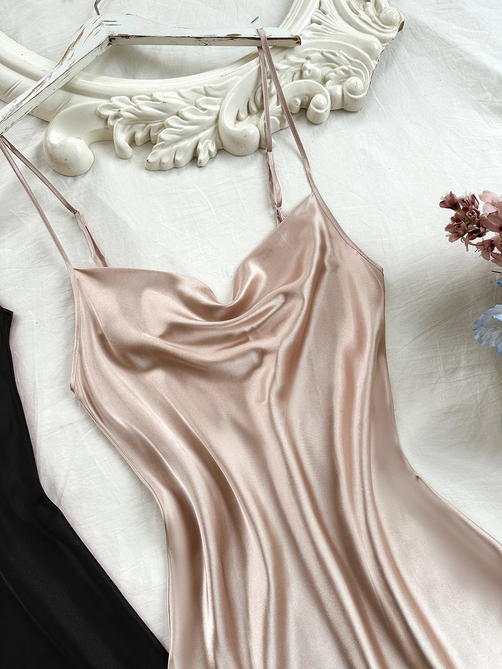 2 Piece Women's Nightgown Set Cowl Neck Spaghetti Strap Long Side Slit Pajamas Solid Color Elegant Dress