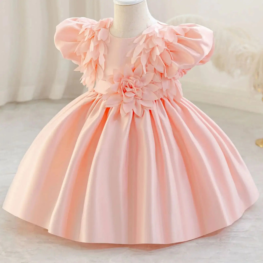 HETISO Leaf Appliques Baby Party Dress Casual Satin Kid's Princess Gown for Girls Ages 1-4 Young Child Clothes