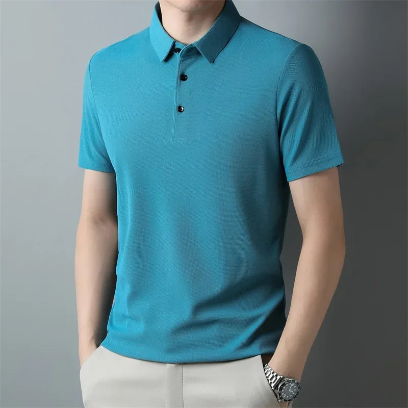 Men'S Fashion Waffle Solid Short Sleeved Polo Shirt Summer Breathable Comfortable Top