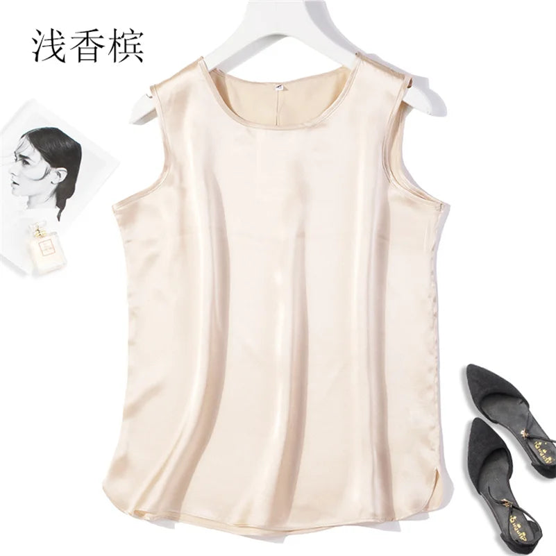 Elegant Fashion Satin Tank Tops Office Lady Blouse Shirts plus  Summer Slim Sleeveless Vest Women Simple O-neck Tops y2k clothes