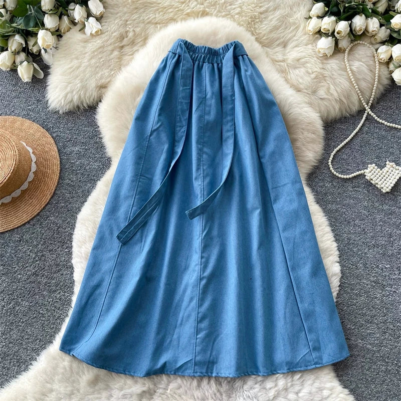 KAROFI Women Bow Tie Elastic Waist Denim Long Skirt Korean A Line Flowy Midi Jeans Skirt Casual Loose Vintage Blue Maxi Skirts